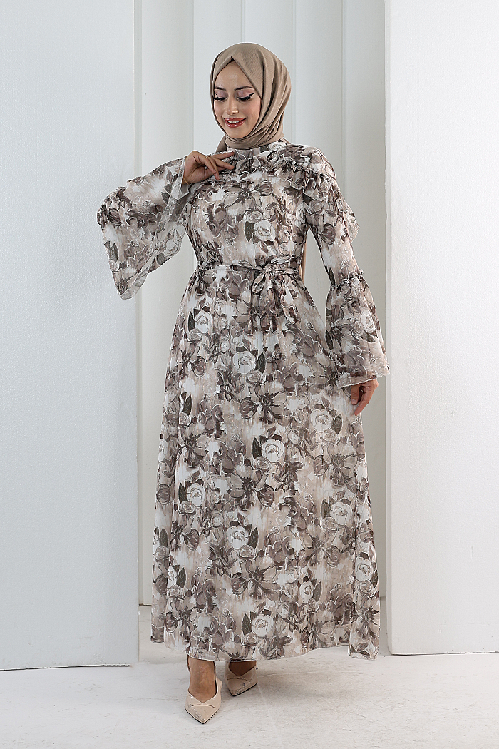 Floral-Print Modest Dress 7002 Brown