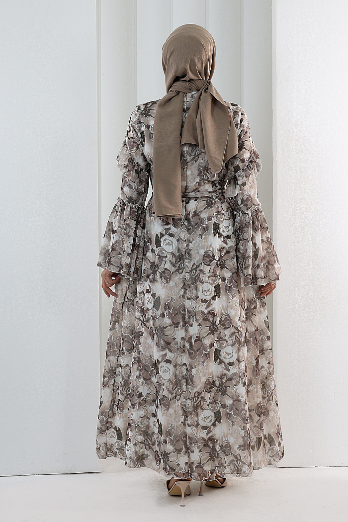 Floral-Print Modest Dress 7002 Brown