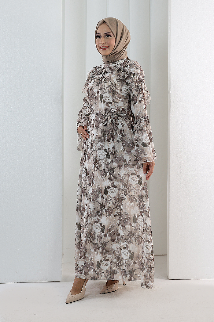 Floral-Print Modest Dress 7002 Brown
