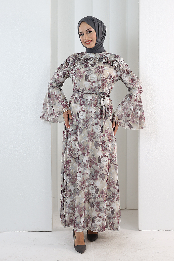 Floral-Print Modest Dress 7002 Plum