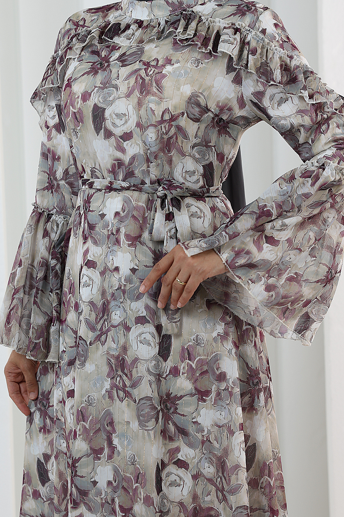 Floral-Print Modest Dress 7002 Plum