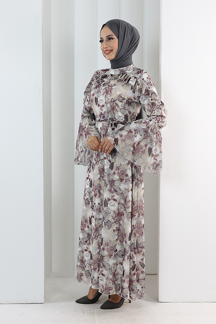 Floral-Print Modest Dress 7002 Plum