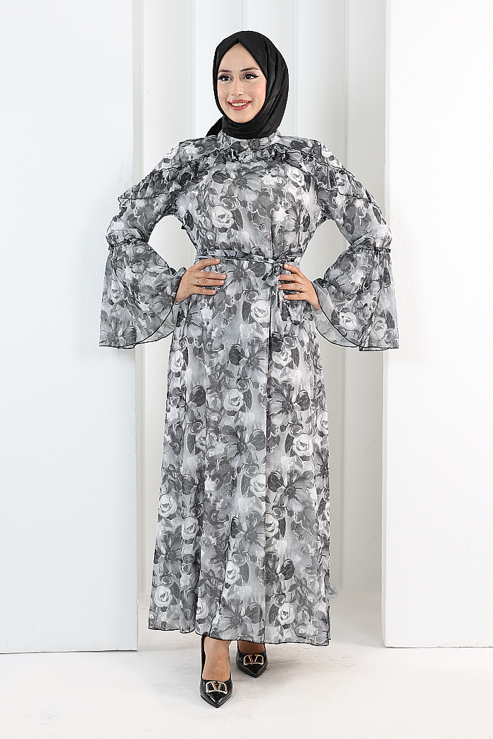 Floral-Print Modest Dress 7002 Black