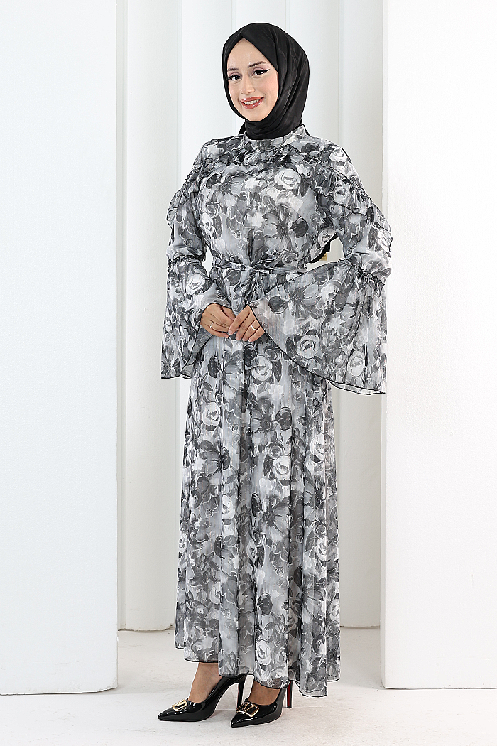 Floral-Print Modest Dress 7002 Black