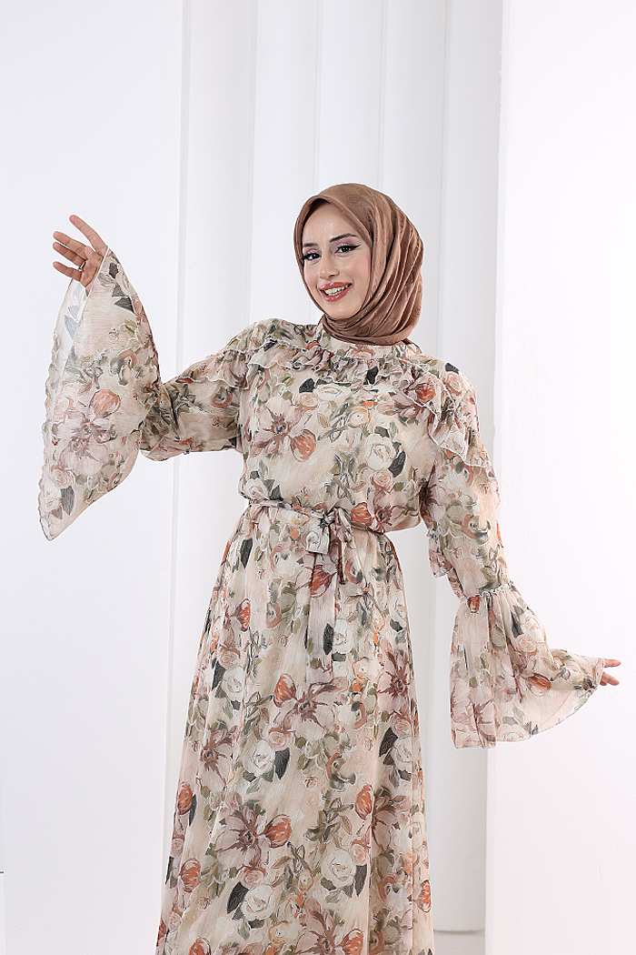 Floral-Print Modest Dress 7002 Salmon