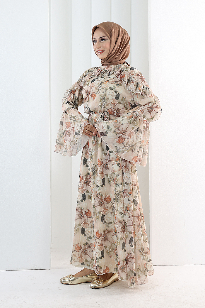 Floral-Print Modest Dress 7002 Salmon