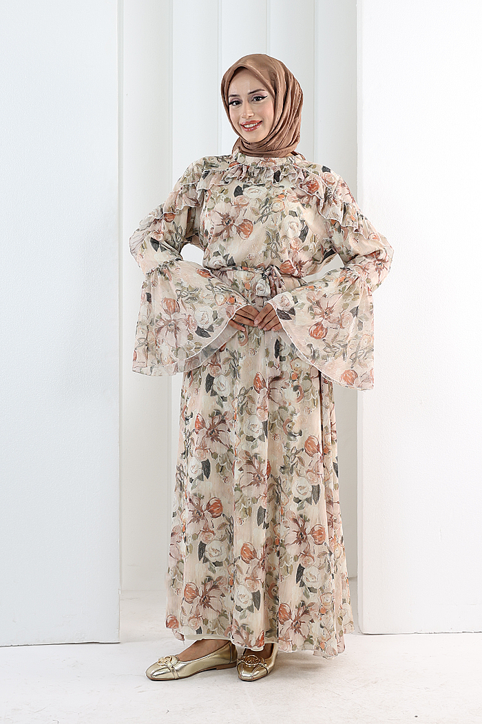 Floral-Print Modest Dress 7002 Salmon