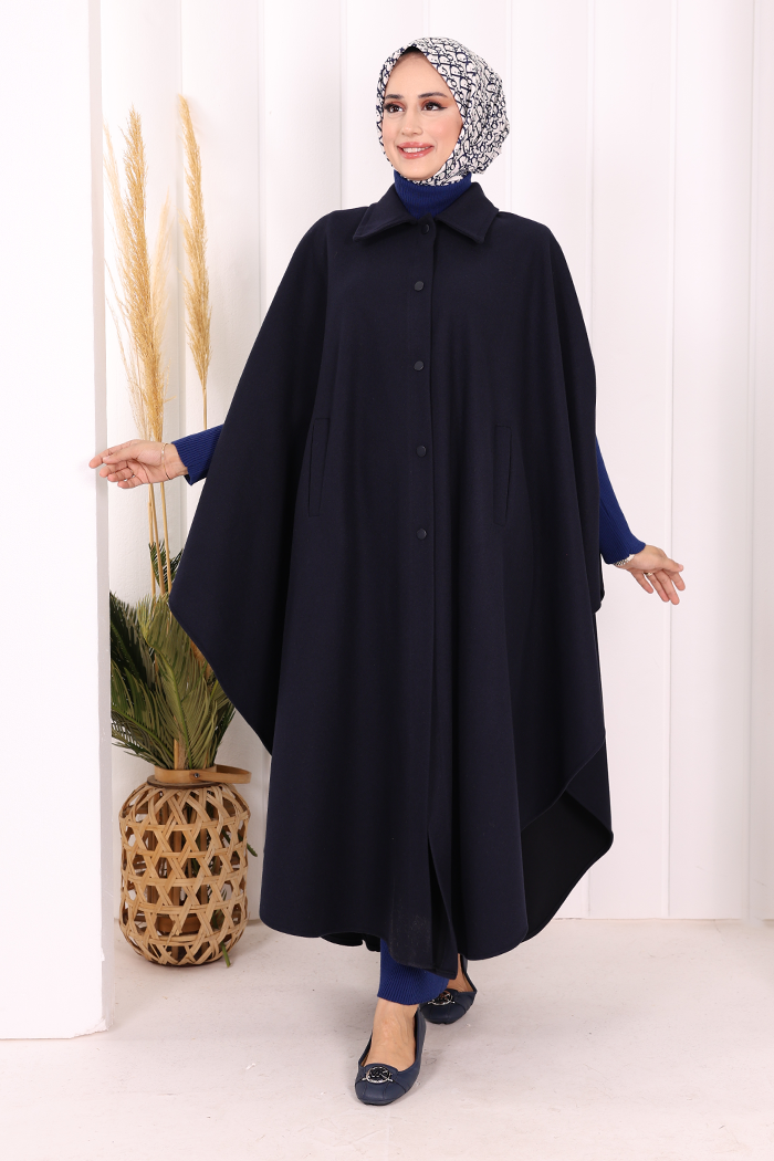 Coat-Fabric Batwing Poncho 70068 Navy