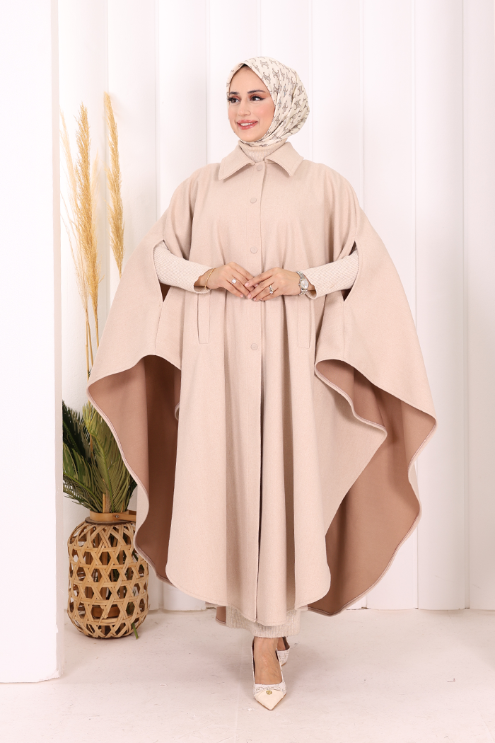 Coat-Fabric Batwing Poncho 70068 Stone