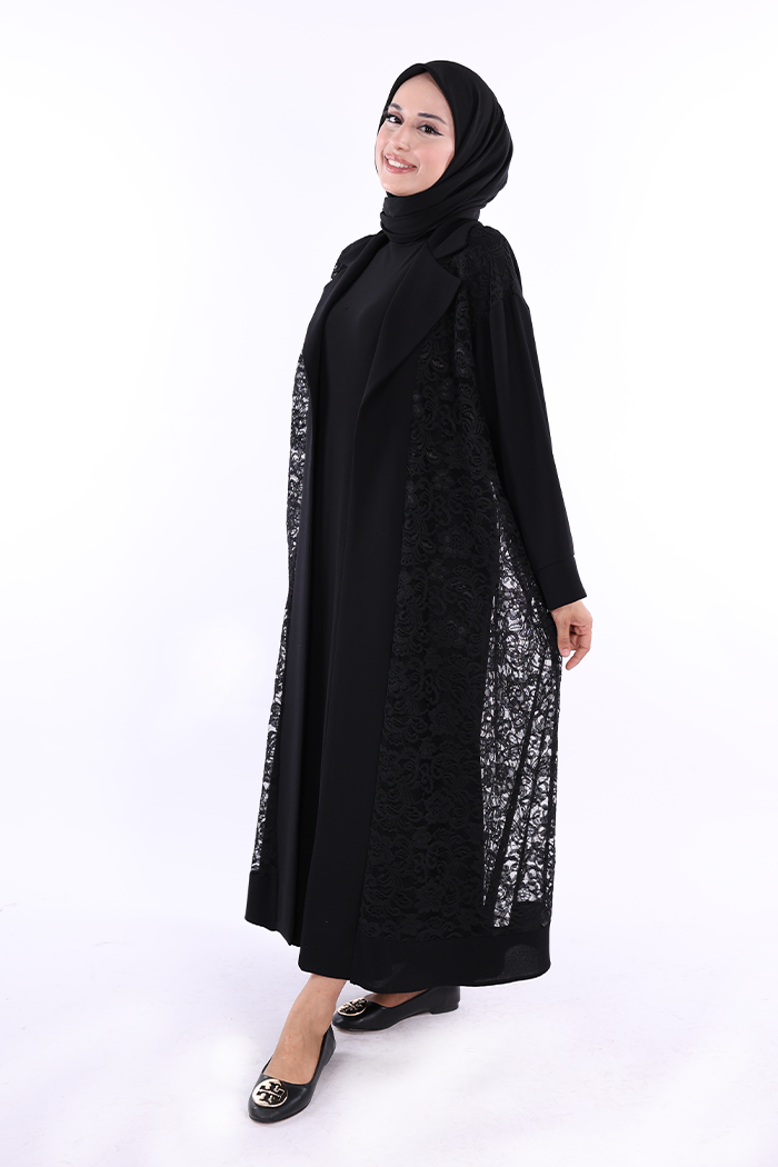 Lace Collar Detail Abaya 7830 Black — view 1