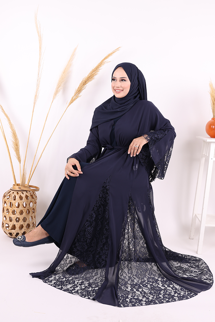 Lace-Embroidered Belted Chiffon Abaya 7886 Navy