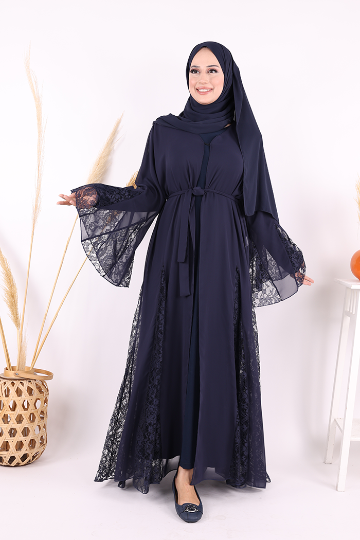 Lace-Embroidered Belted Chiffon Abaya 7886 Navy