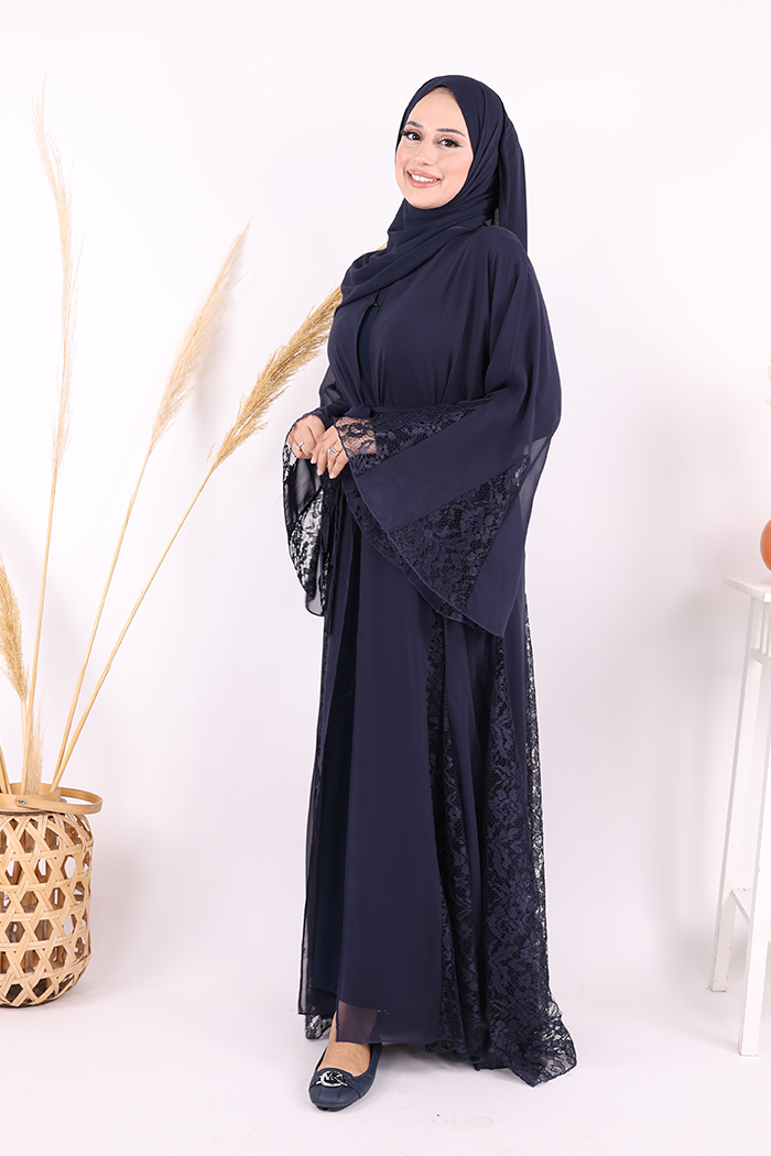 Lace-Embroidered Belted Chiffon Abaya 7886 Navy