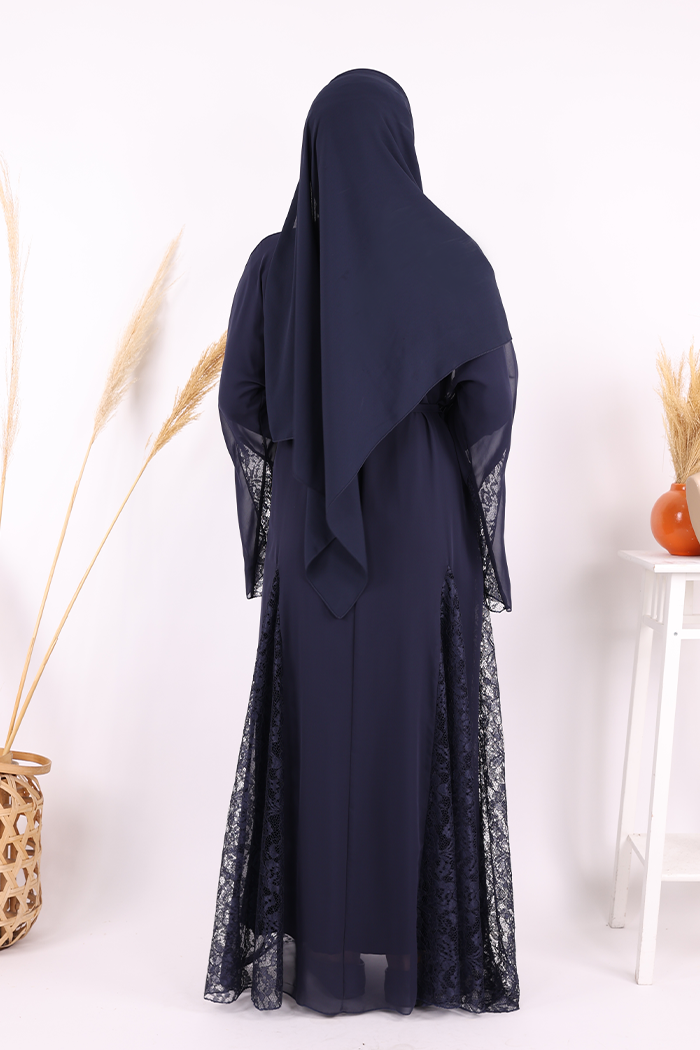 Lace-Embroidered Belted Chiffon Abaya 7886 Navy