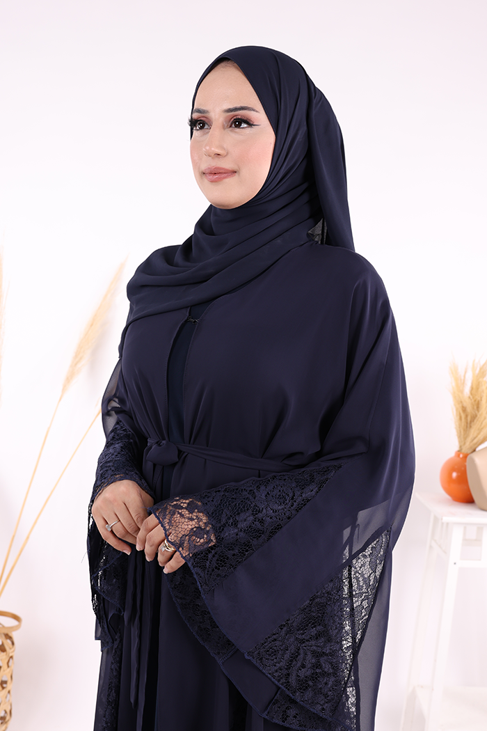 Lace-Embroidered Belted Chiffon Abaya 7886 Navy