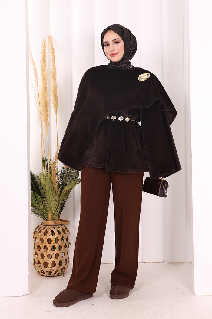 Scarf-Detail Poncho 70061 Brown