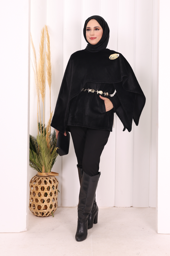 Scarf-Detail Poncho 70061 Black