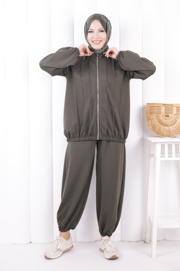Tie Detail Zip-Front Modest Set 1205 Khaki — view 1