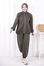 Tie Detail Zip-Front Modest Set 1205 Khaki — view 2