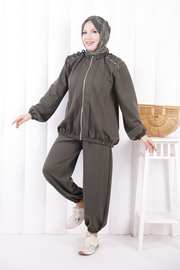 Tie Detail Zip-Front Modest Set 1205 Khaki — view 3