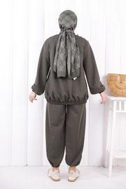 Tie Detail Zip-Front Modest Set 1205 Khaki — view 4
