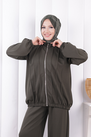 Tie Detail Zip-Front Modest Set 1205 Khaki — view 5
