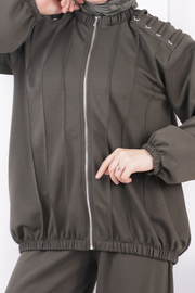 Tie Detail Zip-Front Modest Set 1205 Khaki — view 6