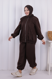 Tie Detail Zip-Front Modest Set 1205 Brown — view 2