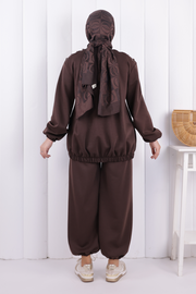 Tie Detail Zip-Front Modest Set 1205 Brown — view 3