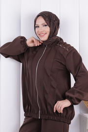 Tie Detail Zip-Front Modest Set 1205 Brown — view 4