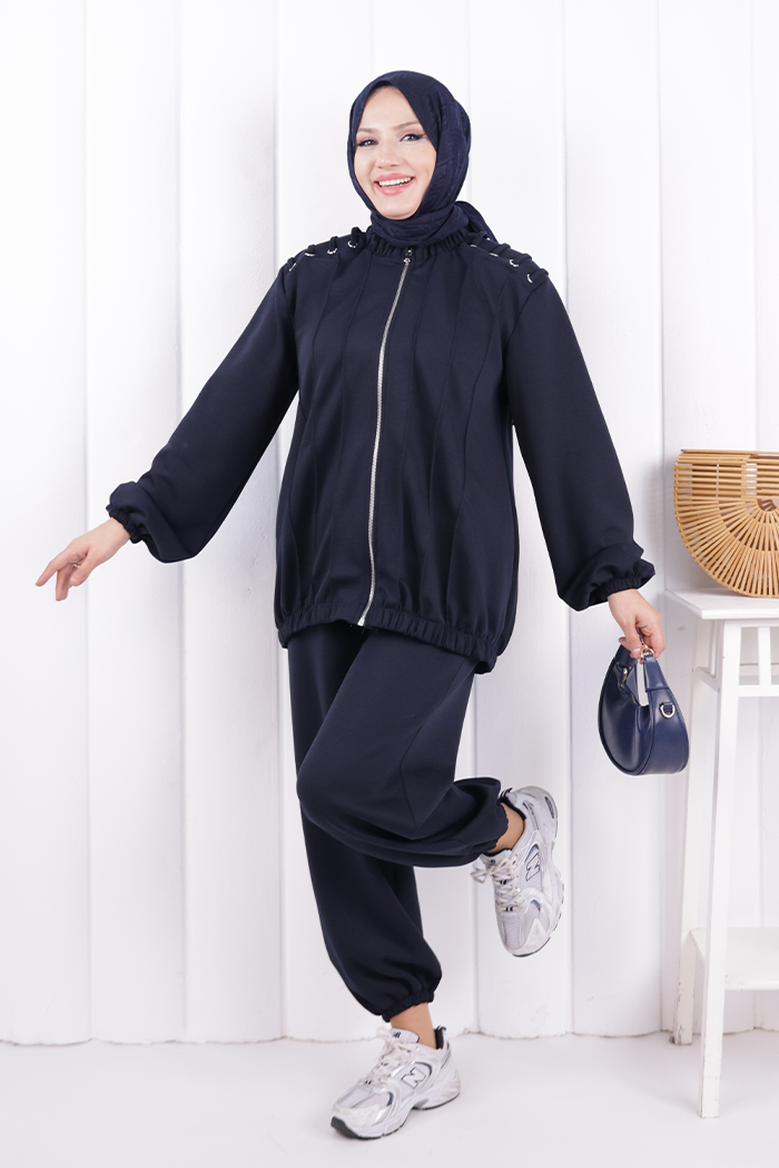 Tie Detail Zip-Front Modest Set 1205 Navy