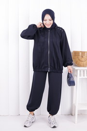 Tie Detail Zip-Front Modest Set 1205 Navy — view 2