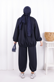 Tie Detail Zip-Front Modest Set 1205 Navy — view 3