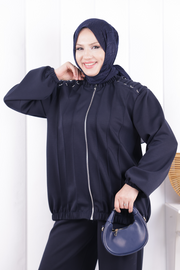 Tie Detail Zip-Front Modest Set 1205 Navy — view 4
