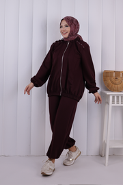 Tie Detail Zip-Front Modest Set 1205 Plum — view 2