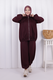 Tie Detail Zip-Front Modest Set 1205 Plum — view 3