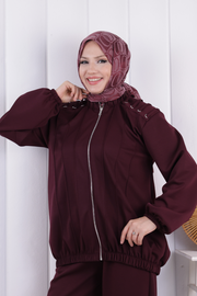 Tie Detail Zip-Front Modest Set 1205 Plum — view 5