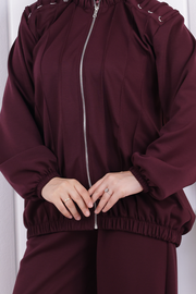 Tie Detail Zip-Front Modest Set 1205 Plum — view 6