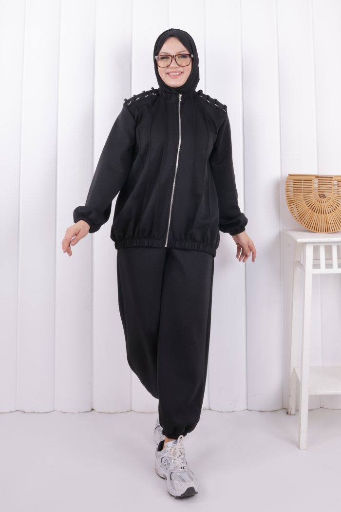 Tie Detail Zip-Front Modest Set 1205 Black — view 1