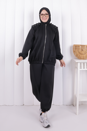 Tie Detail Zip-Front Modest Set 1205 Black — view 1