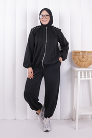 Tie Detail Zip-Front Modest Set 1205 Black — view 2
