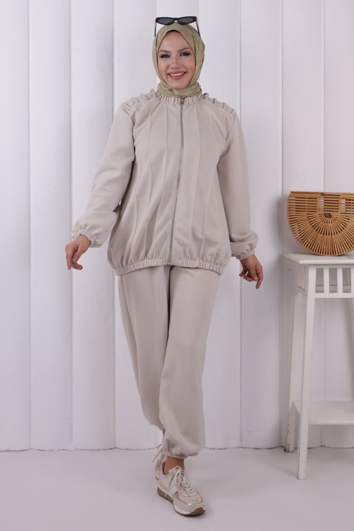 Tie Detail Zip-Front Modest Set 1205 Stone — view 1