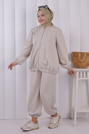 Tie Detail Zip-Front Modest Set 1205 Stone — view 3