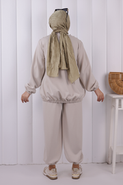 Tie Detail Zip-Front Modest Set 1205 Stone — view 4