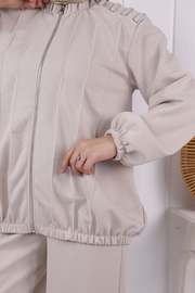 Tie Detail Zip-Front Modest Set 1205 Stone — view 6