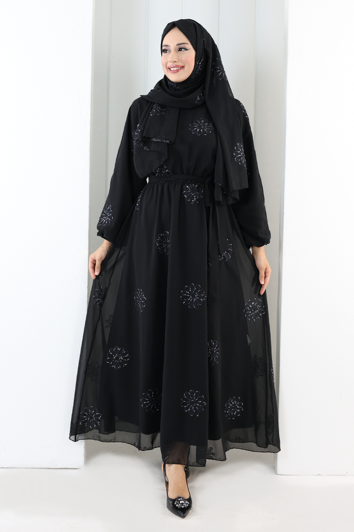 Elastic-Waist Embroidered Dress 7001 Silver
