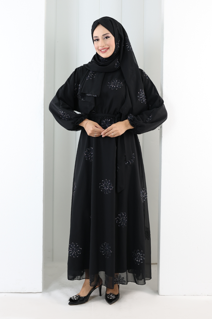 Elastic-Waist Embroidered Dress 7001 Silver
