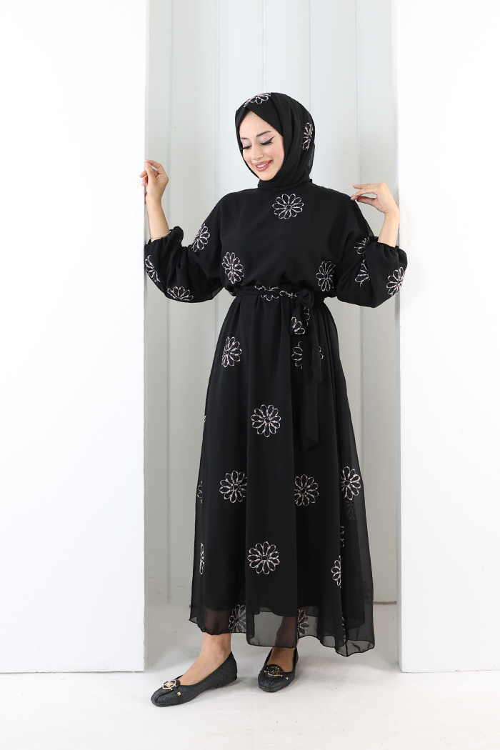Elastic-Waist Embroidered Dress 7001 Mink
