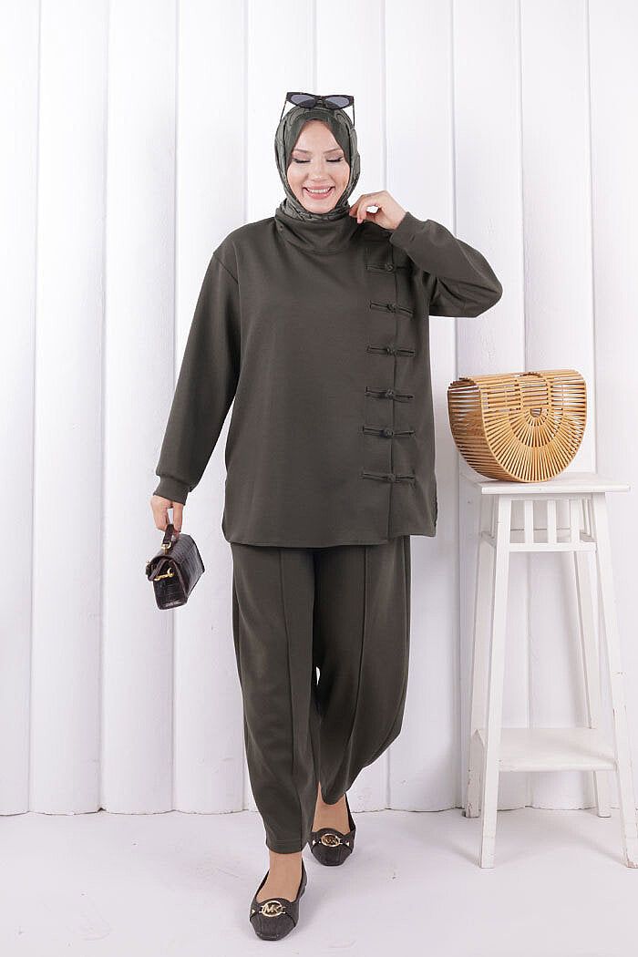 Button Detail Tunic and Trouser Set 1204 Khaki