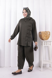 Button Detail Tunic and Trouser Set 1204 Khaki — view 2